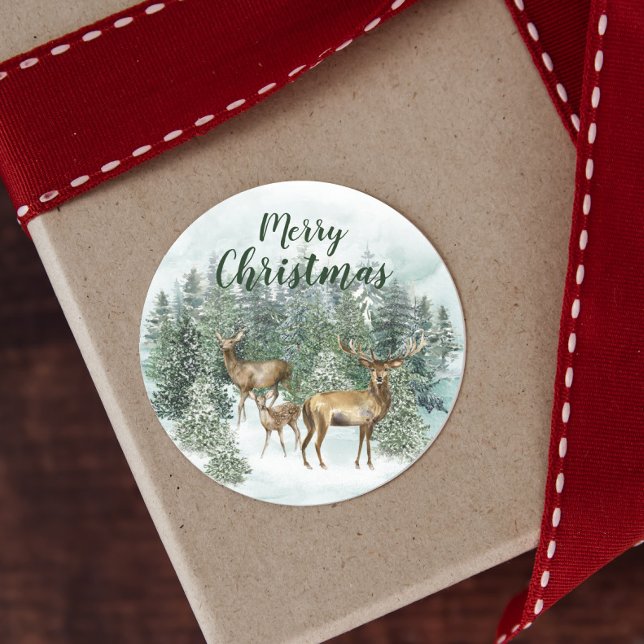 Sticker Rond Aquarelle de cerf de Noël en bois (Créateur téléchargé)