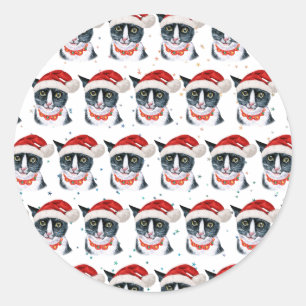 Sticker Rond Aquarelle de chat noir et blanc de Noël amusant