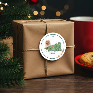 Sticker Rond Aquarelle de chien coquin Chow Chow Knoked Tree ov