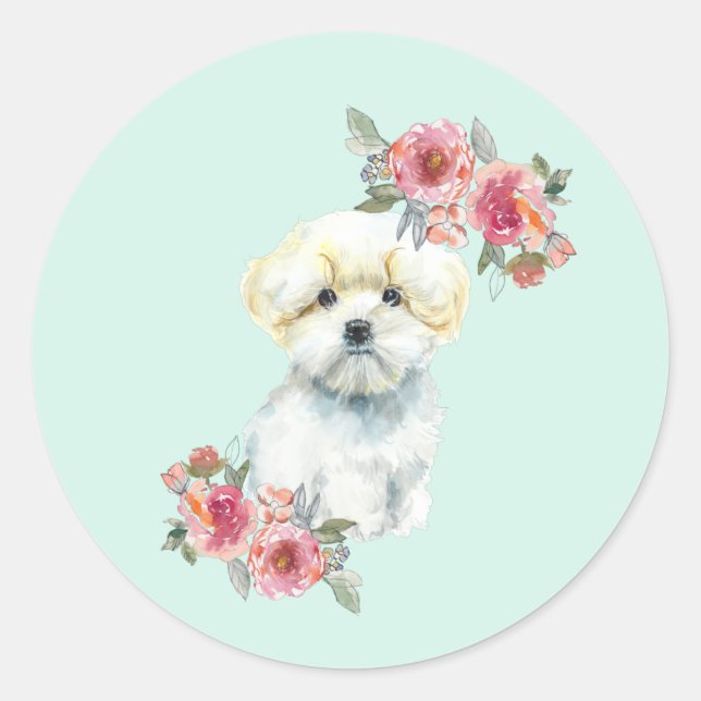 Sticker Rond Aquarelle de chien de chiot maltais mignonne (Devant)