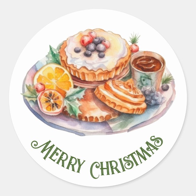 Sticker Rond Aquarelle de festin de Noël (Devant)