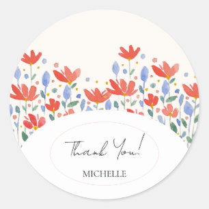 Sticker Rond Aquarelle de fleurs sauvages en rouge et bleu doux