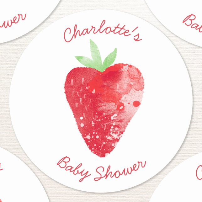 Sticker Rond Aquarelle de fraise Baby shower personnalisé (Sweet strawberry watercolor personalized custom name text baby shower sticker)