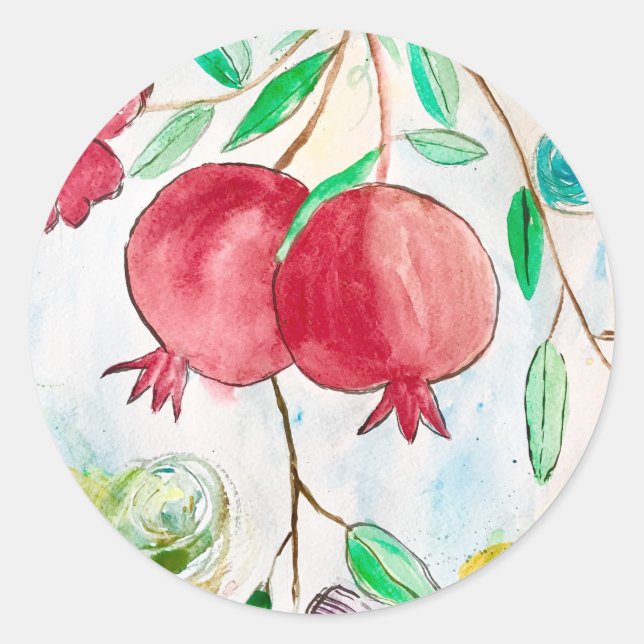 Sticker Rond Aquarelle de fruit de grenade art tropical rouge (Devant)