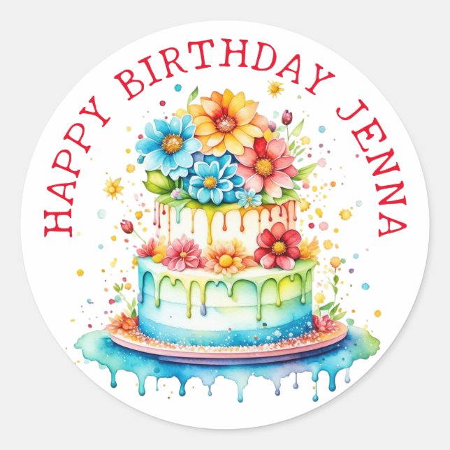 Sticker Rond Aquarelle de gâteau d'anniversaire rouge et bleu (Devant)