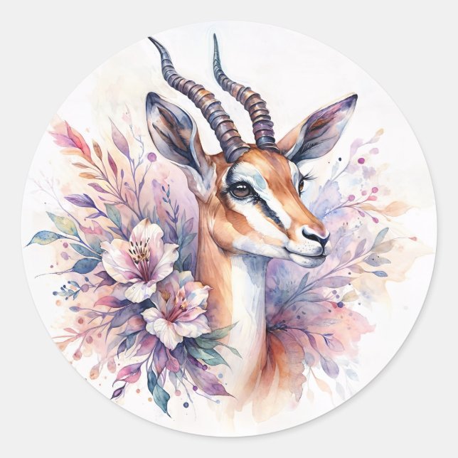Sticker Rond Aquarelle de gazelle florale (Devant)