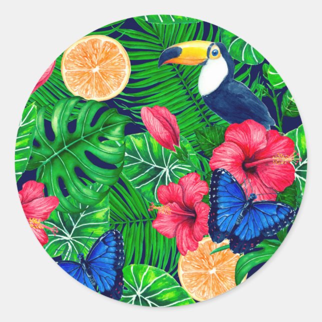 Sticker Rond Aquarelle de jardin toucan et tropical (Devant)