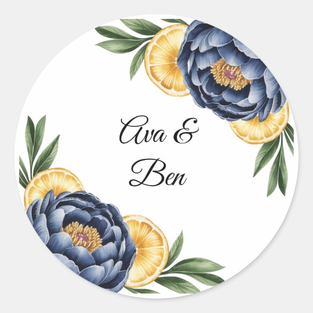 Sticker Rond Aquarelle de la marine Peony Citrus Mariage floral (Devant)