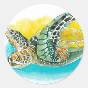 Sticker Rond Aquarelle de la tortue de mer vert