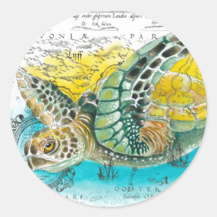 Sticker Rond Aquarelle de la tortue marine Carte Vintage blanc