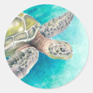 Sticker Rond Aquarelle de la tortue marine verte