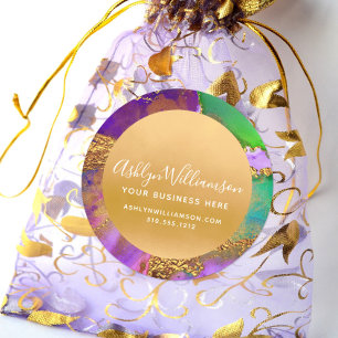 Sticker Rond Aquarelle de marbre moderne violet or vert script