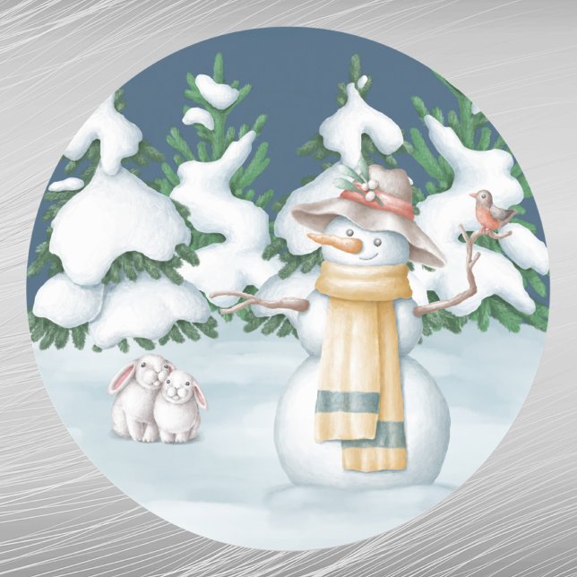 Sticker Rond Aquarelle de neige de Noël Lapins Arbres Aquarelle (Créateur téléchargé)