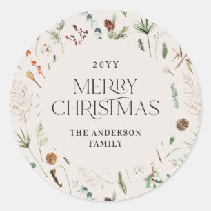Sticker Rond Aquarelle de Noël botanique floral naturel