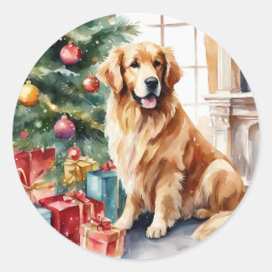 Sticker Rond Aquarelle de Noël Golden Retriever