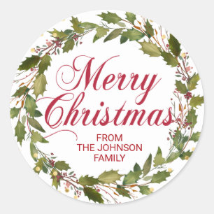 Sticker Rond Aquarelle de Noël Holly Wreath Or Rouge Blanc
