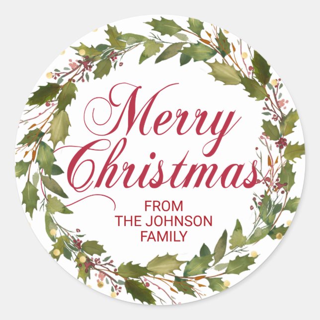 Sticker Rond Aquarelle de Noël Holly Wreath Or Rouge Blanc (Devant)
