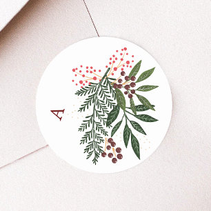 Sticker Rond Aquarelle de Noël Monogram Poinsettia