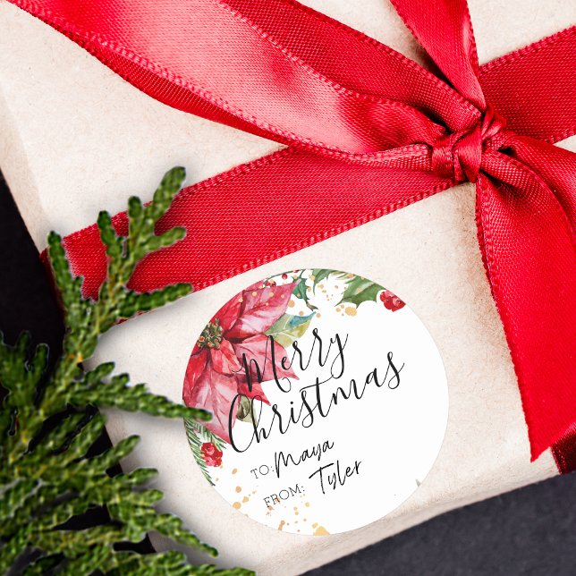 Sticker Rond Aquarelle de Noël Poinsettia à destination et en p (Christmas Watercolor Poinsettia TO and FROM Classic Round Sticker)