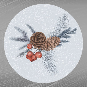 Sticker Rond Aquarelle de Noël Red Berries Pine Cones