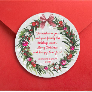 Sticker Rond aquarelle de noël vintage couronne flocons de neig