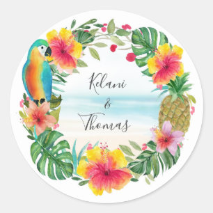 Sticker Rond Aquarelle de plage tropicale Wreath florale