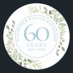 Sticker Rond Aquarelle de verdure du 60e anniversaire<br><div class="desc">Un design botanique 60ème anniversaire de mariage qui peut être personnalisé avec vos informations spéciales de soixantième anniversaire dans un élégant texte bleu diamant. Conçu par Thisisnotme©</div>