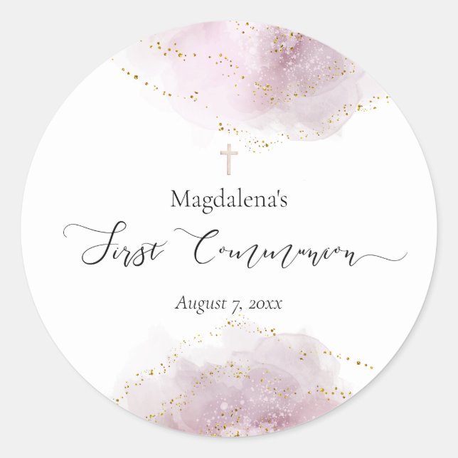 Sticker Rond aquarelle décoration Première communion fille (Devant)