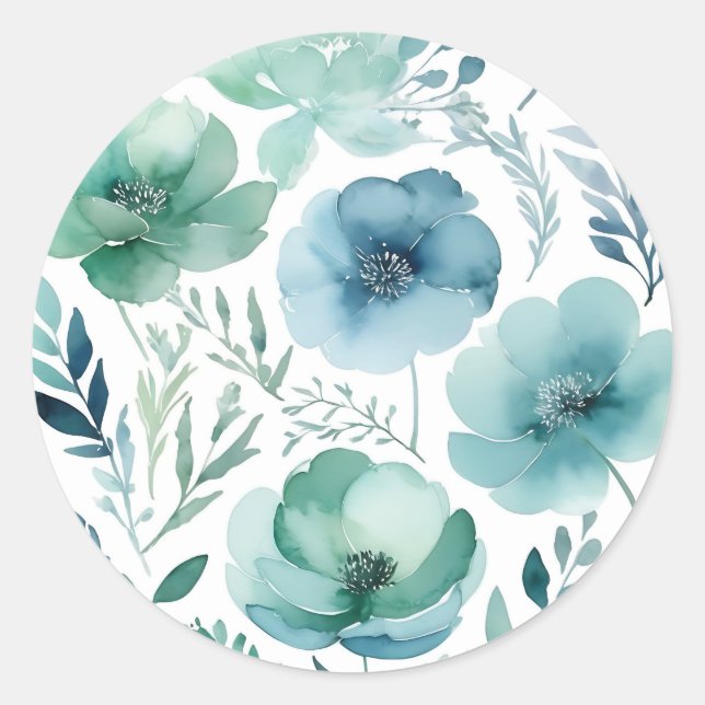 Sticker Rond Aquarelle délicate Fleurs dans les bleus doux (Devant)
