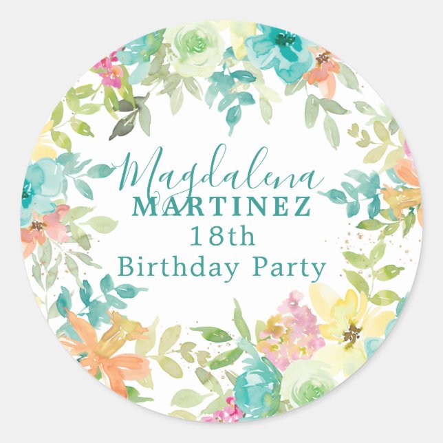 Sticker Rond Aquarelle d'été Floral Custom 18e anniversaire (Devant)