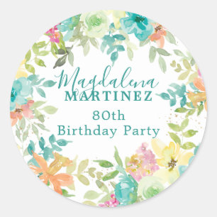 Sticker Rond Aquarelle d'été Floral Custom 80e anniversaire