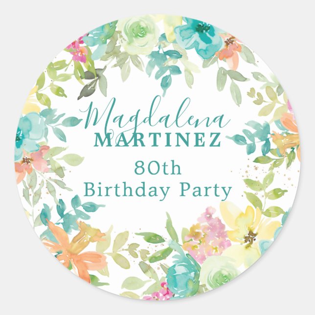 Sticker Rond Aquarelle d'été Floral Custom 80e anniversaire (Devant)