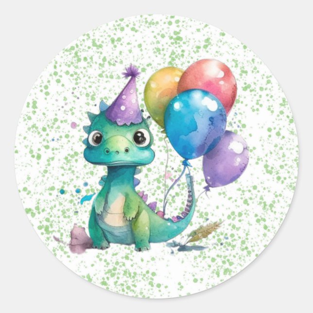 Sticker Rond Aquarelle Dinosaur Ballons Garçon fête d'anniversa (Devant)