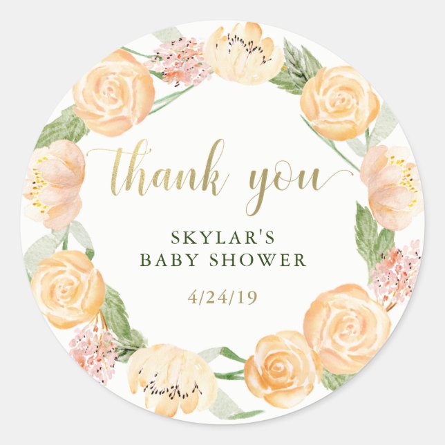 Sticker Rond Aquarelle d'or couronne florale | Baby shower (Devant)