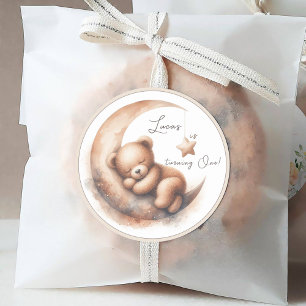 Sticker Rond Aquarelle dormant Beige Brown Ours sur la Lune