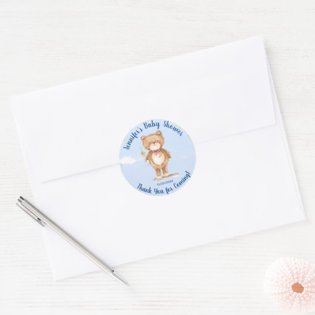 Sticker Rond Aquarelle douce Baby shower Ours Teddy Merci (Enveloppe)