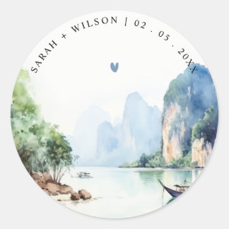 Sticker Rond Aquarelle douce Côte Thaïlande Mariage marin