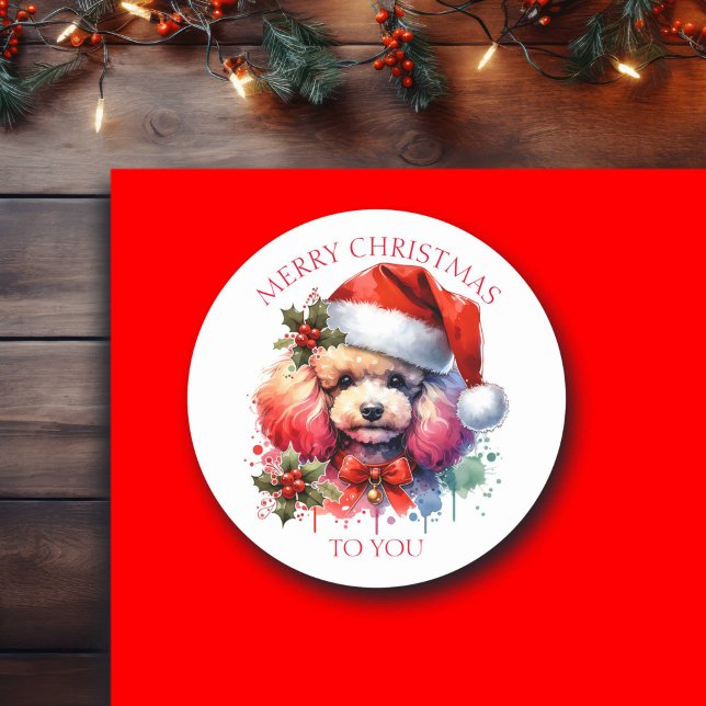 Sticker Rond Aquarelle douce Poodé et voeux de Noël (Créateur téléchargé)