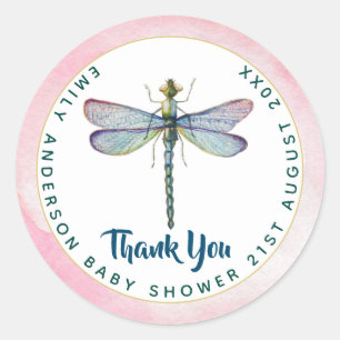 Sticker Rond Aquarelle DRAGONFLY Merci Baby shower rose Blu