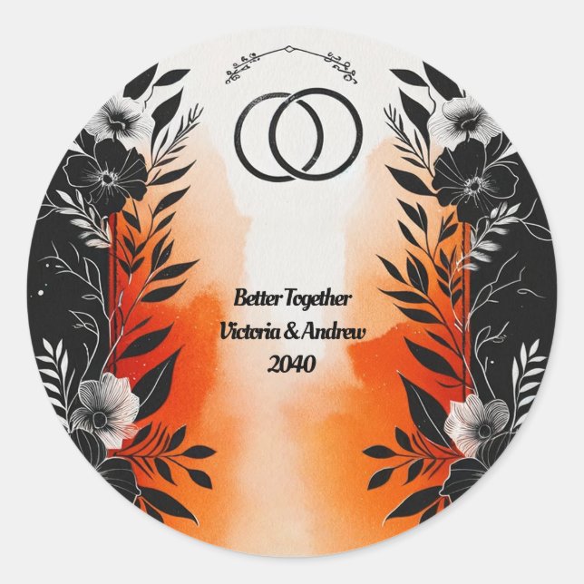 Sticker Rond Aquarelle dramatique Mariage Floral Orange Noir (Devant)