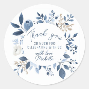 Sticker Rond Aquarelle Dusty Blue Floral Boho Fête des mariées