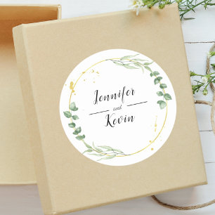 Sticker Rond Aquarelle Dusty Greenary Leaf Gold Mariage