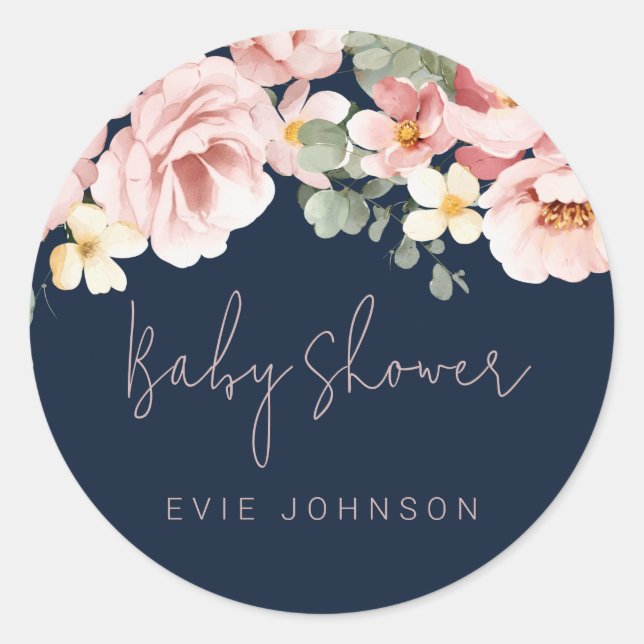 Sticker Rond Aquarelle Dusty Rose Floral Baby shower Navy (Devant)