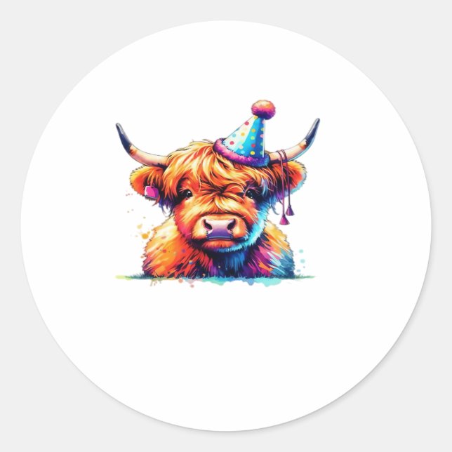 Sticker Rond Aquarelle écossaise Highland Cow Anniversaire Esse (Devant)