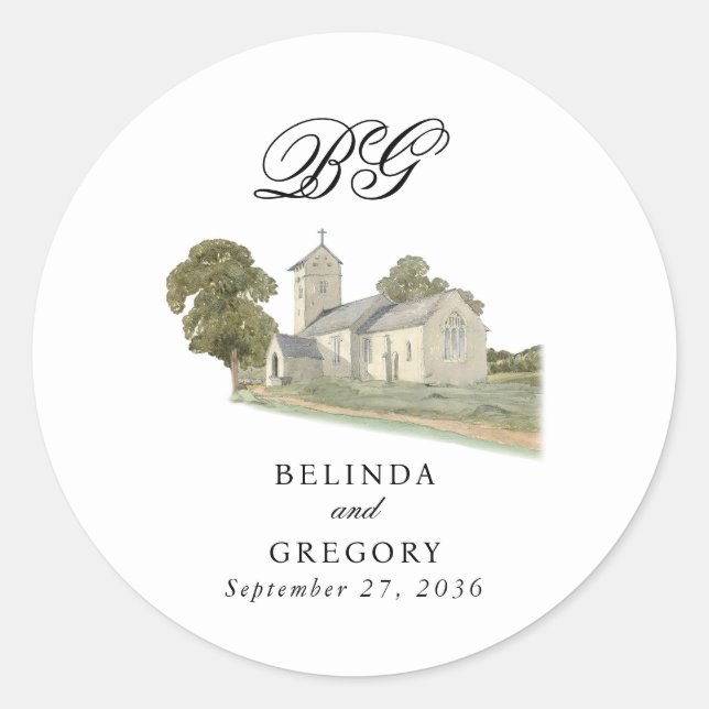 Sticker Rond Aquarelle Eglise traditionnelle Monogramme Mariage (Devant)