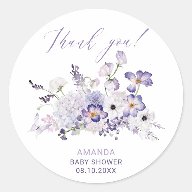 Sticker Rond Aquarelle Elegant Lilac fleurs Baby shower (Devant)