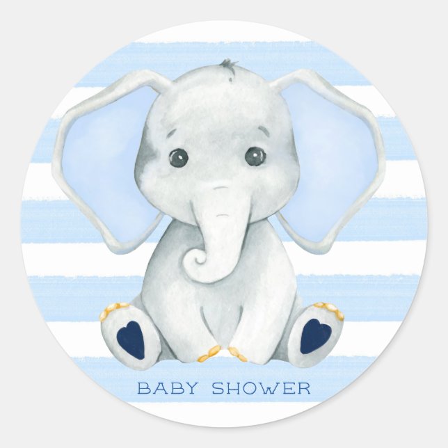 Sticker Rond Aquarelle Elephant Avec Baby shower Bleu Stripes (Devant)