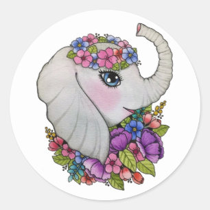 Sticker Rond Aquarelle Eléphant Avec Fleurs Sauvages