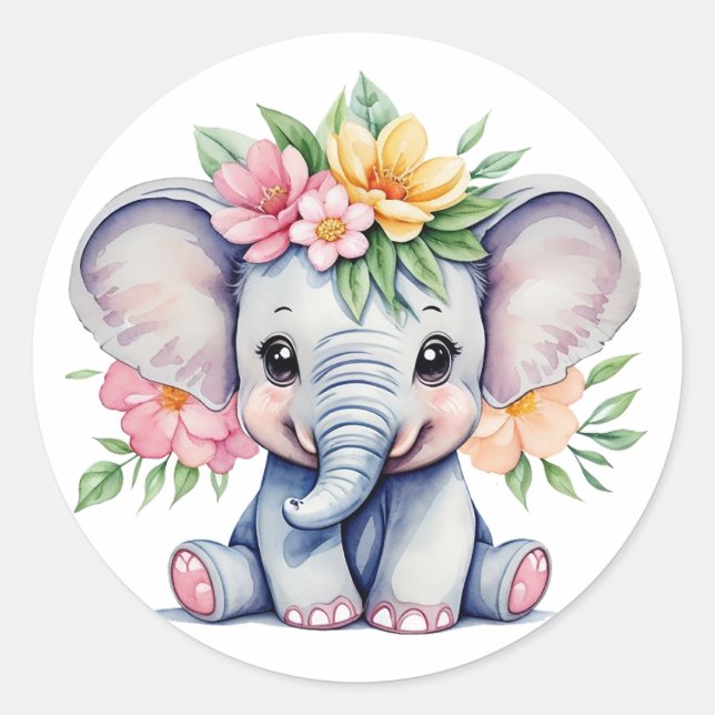 Sticker Rond Aquarelle Eléphant mignon avec fleurs (Devant)
