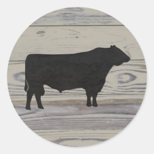 Sticker Rond Aquarelle en bois rustique Angus Bull